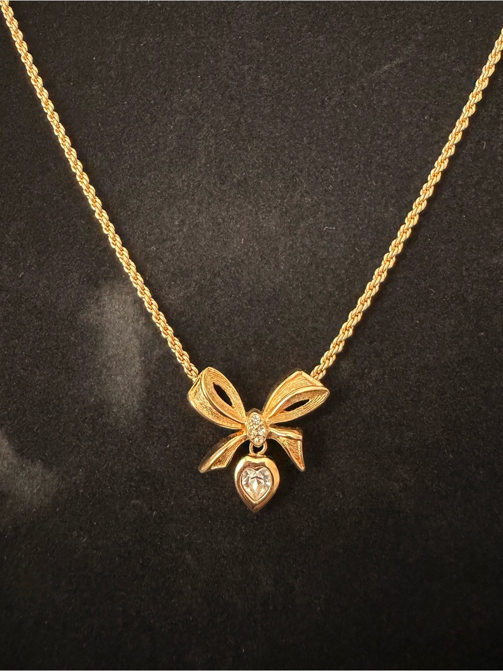 Auth Christian Dior Bow Heart Crystal Drop Pendant Necklace